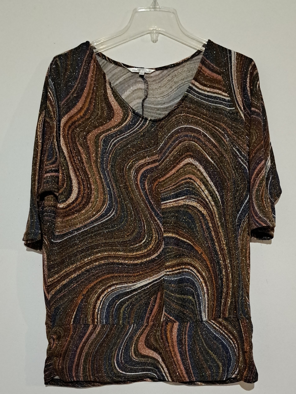 Northern Reflections Metallic Swirl V-Neck Top in Brown, Black & Blue